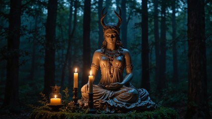 Fototapeta premium A statue of Hecate standing beside an altar in the moonlight, holding a candle, with a ritual scene in the dense forest as the backdrop.