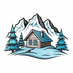 Obraz premium Mountain cabin illustration surrounded by pine trees and snow-capped peaks in blue tones
