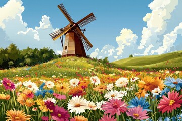 A Rustic Windmill Standing Amidst a Colorful Wildflower Field