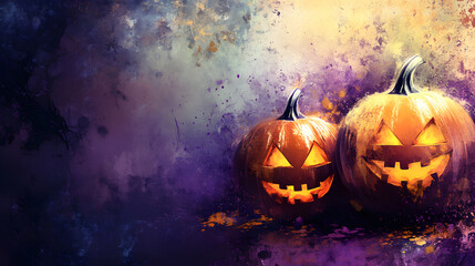 Fototapeta premium Halloween themed jack o'lanterns on a grunge background with purple and yellow accents for a spooky feel.