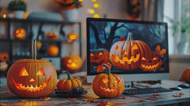 A spooky Halloween scene featuring a computer monitor displaying a glowing jack-o'-lantern, surrounded by festive pumpkins and string lights. 