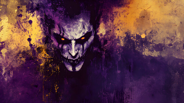 A Halloween themed vampire on a grunge background with purple and yellow accents, giving it a spooky feel.