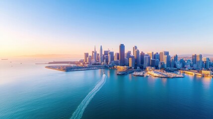 Naklejka premium Aerial a coastal city skyline with high-rise buildings lining the waterfront, boats in the harbor, and the ocean stretching out to the horizon