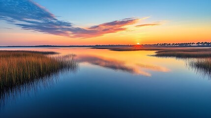 Obraz premium These photos depict sunrise and sunset over the marsh and water in Lowcountry Charleston South Carolina The exact location is Buck Hall Recreational center and Boat Ramp : Generative AI