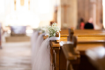 Beautiful flowers wedding decoration in a church