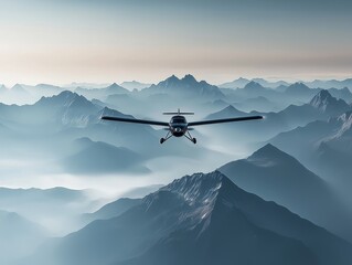 Fototapeta na wymiar A small plane flies over a mountain range with clouds below. The sun is shining, casting a warm glow on the scene.