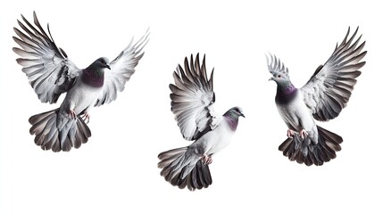 Obraz premium Three pigeons in flight with their wings spread wide, showcasing their beautiful feathers.