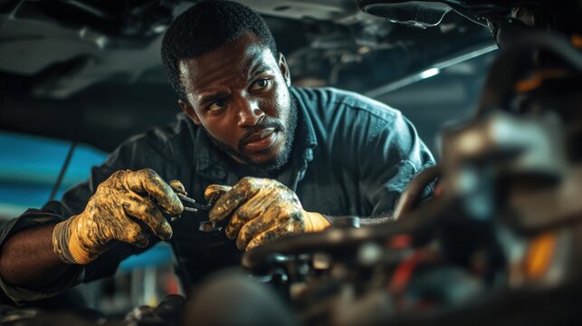 A mechanic works diligently on a car engine in a garage, wearing gloves and concentrating on the intricate parts. The atmosphere is active, reflecting a typical workday