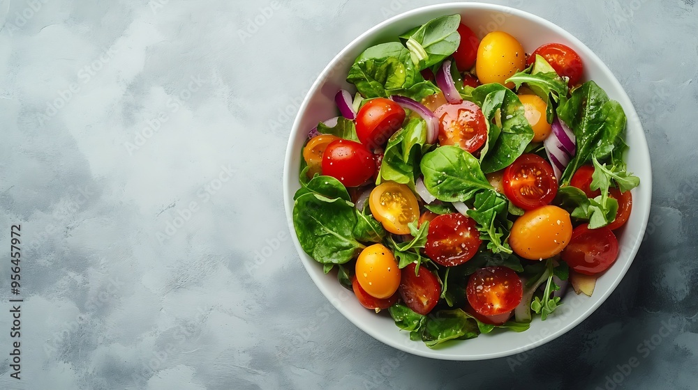Poster delicious vegetable salad on light grey table top view : generative ai