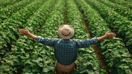 Aerial view of senior farmer standing in green soybean field with arms outstretched : Generative AI