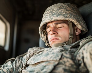 Fototapeta premium A soldier in full uniform rests his head against the seat, eyes closed, in a military vehicle.