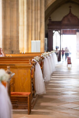 Beautiful flowers wedding decoration in a church