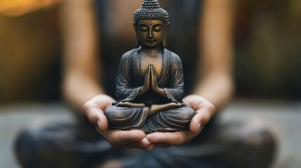 Person holding a small Buddha statue in a peaceful outdoor setting