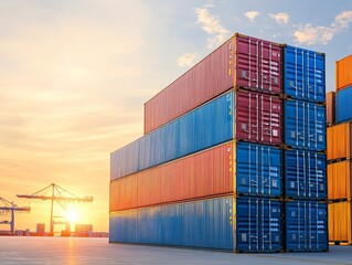 A stack of colorful shipping containers at a port, with a crane and sunset in the background.