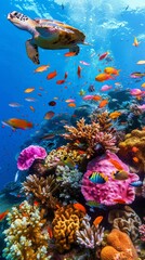 Fototapeta premium Underwater image shows a sea turtle surrounded by colorful fish and vibrant coral reef, set against a tranquil blue ocean backdrop. Captures the beauty and dynamism of marine life.