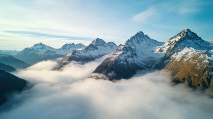 Aerial a rugged mountain range with snow-capped peaks and mist rising from the valleys below, a dramatic and awe-inspiring scene