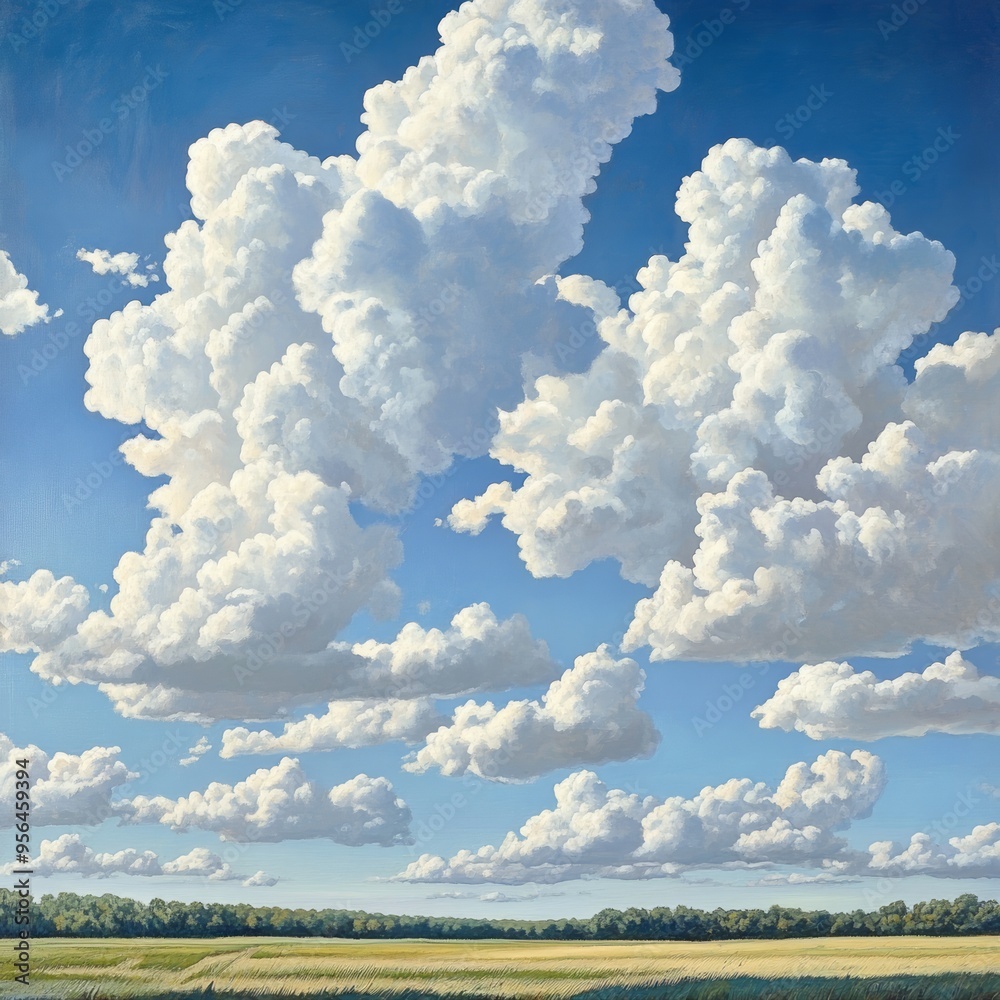 Wall mural A vibrant blue sky filled with fluffy white clouds above a green field and tree line.