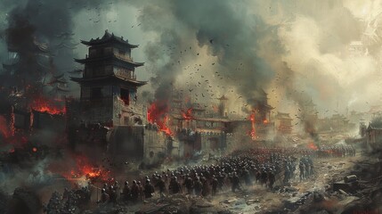 Ancient Chinese battle scene: soldiers in formation with spears, city in flames. Artwork conveys wartime chaos, intensity, and destruction.
