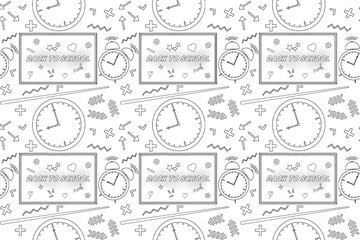 A seamless pattern coloring page with clocks, chalkboards, and back-to-school elements. Ideal for educational projects.