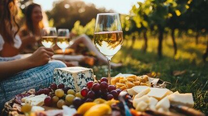 A glass of white wine sits in front of a cheese board with grapes and friends enjoying the sunset in the vineyard.