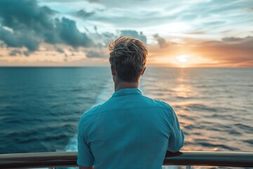 Fototapeta premium Rearview shot of a young man on a cruise ship or yacht at sea, wearing a light blue tropical shirt. The scene depicts a private luxury liner experience during a sunset journey.