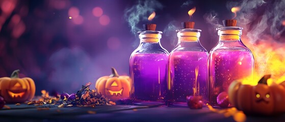 A vibrant Halloween scene featuring glowing potions, carved pumpkins, and swirling mist. Perfect for spooky seasonal themes.