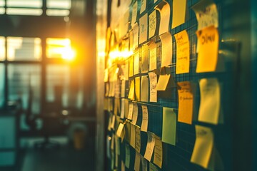 Office Wall with Post-it Notes and Sunlight. AI generated illustration