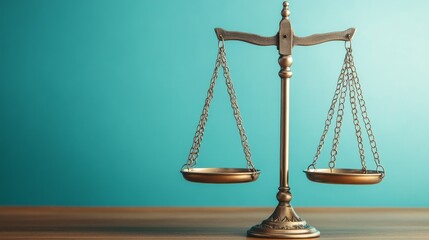 A traditional scale of justice, representing law, fairness, and balance, sits on a wooden table against a blue background.