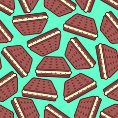 Cookies with filling pattern seamless. Chocolate cookies with cream background.	