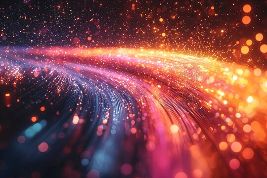 Dynamic abstract representation of colored electric cables and LED lights, ideal for technology business themes, digital marketing, and innovation trends with copy space.