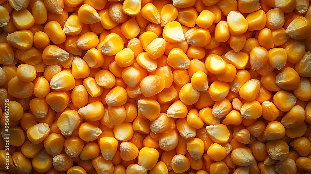 Poster Closeup of yellow corn kernels top view Zea mays seeds top view Background of corn grains top view Corn harvest grain in bins background texture : Generative AI