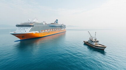 Fototapeta premium A vibrant cruise ship sailing calmly alongside a fishing boat in serene waters under a clear sky.