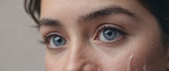 Fototapeta premium A closeup photograph of a tear rolling down a person’s cheek, with a soft focus on the tear and plenty of copyspace on one side