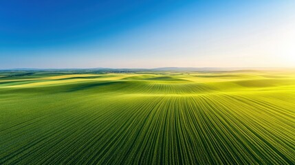 Obraz premium Aerial rolling plains with patchwork fields of crops in varying shades of green and yellow, stretching out to the horizon under a clear blue sky
