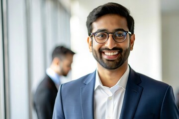 Fototapeta premium Indian Networker with Glasses Smiling at Business Event 