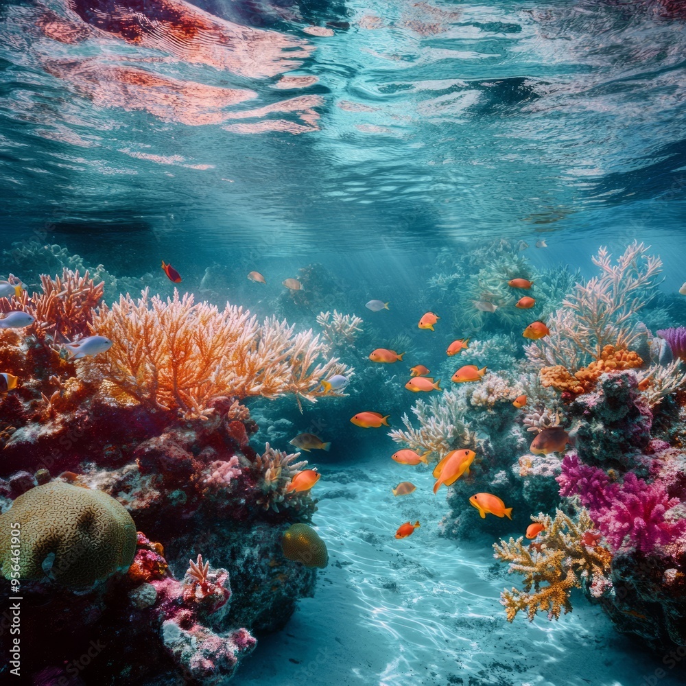 Poster A vibrant coral reef teeming with life, showcasing the beauty and fragility of underwater ecosystems.