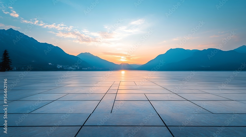 Aufkleber empty square floor and mountain with blue sky at sunrise : generative ai