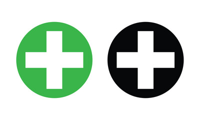 White cross icon on green and black circle background, green plus sign, cross symbol of safety guidance - stock vector