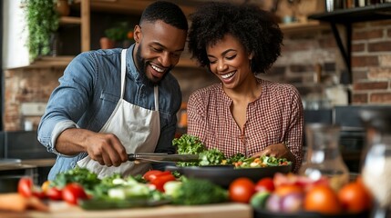 Happy african american couple cutting vegetables preparing meal together in kitchen Cooking healthy lifestyle togetherness food and domestic life unaltered : Generative AI