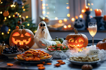 halloween scary snacks on table with pumpkins