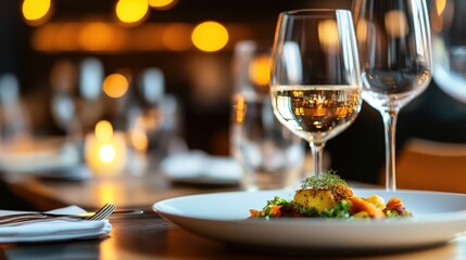 a beautifully plated gourmet meal in a high-end restaurant setting, symbolizing luxury and indulgence