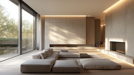 Modern Minimalist Living Room Interior with Sleek Furniture and Neutral Colors, Featuring Open Space Design, Natural Light, and Contemporary Decor for a Clean and Elegant Aesthetic.