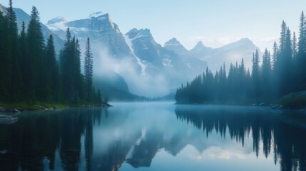 Alpine lake in mountains at sunrise Moraine Lake in Banff National Park Canadian Rockies Alberta Canada : Generative AI