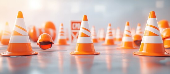 Bright Orange Traffic Cones and Safety Helmet on Wet Road with Blurred Background in Construction Zone