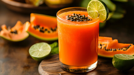vibrant glass of papaya juice on a wooden table, with fresh papaya and lime
