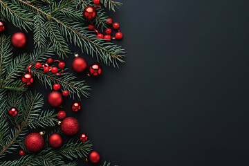 black chistmas background with branches of christmas tree and red balls