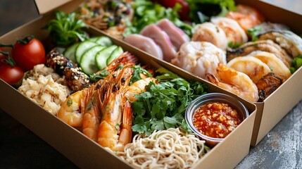 Thai food in a box with a variety to be delivered to customers as a delivery a modern day comfort food concept in technology : Generative AI