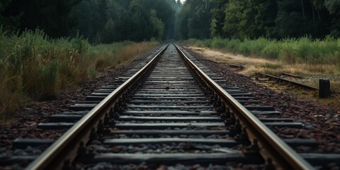Fototapeta premium A straight and empty railway track cutting through lush greenery with bushes on both sides, stretching towards the horizon, conveying a sense of journey and solitude.