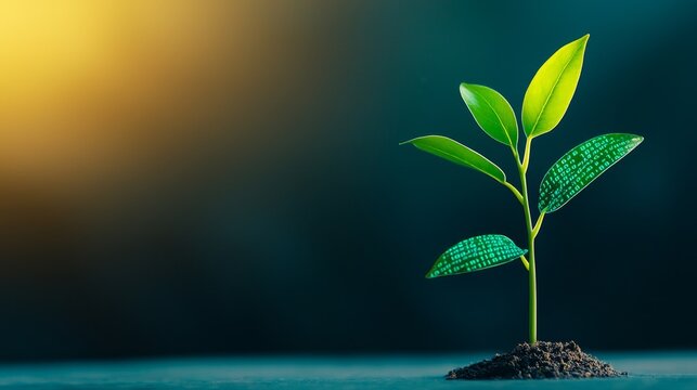 green technology plant sprout with binary code leaves concept for growth innovation digital future development