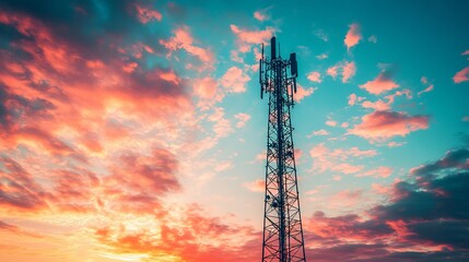 Telecommunications Tower Against Sunset Sky with Antenna. AI generated illustration
